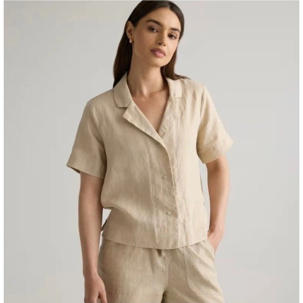 Quince 100% Organic Linen Short Sleeve Button Down Shirt XS Khaki Beige